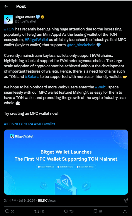 Bitget Wallet Launches First MPC Wallet for TON Blockchain 4 crypto news