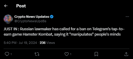 Hamster Kombat Ban: Russian Lawmaker Warns HMSTR As Financial Threat 3 crypto news