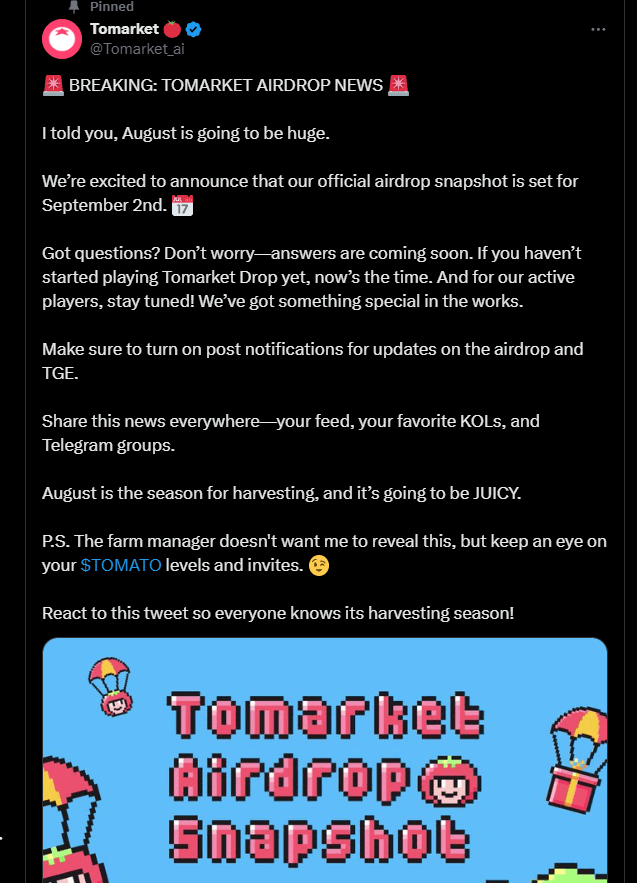 Tomarket Listing Date: 5x Rewards & Free Stars Keys! Maximize $TOMATO Before September 2nd 7 crypto news