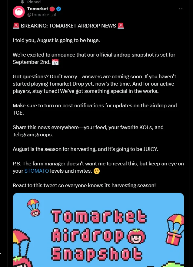 Tomarket Airdrop Listing Date Countdown Starts! Boost Your $TOMATO Before 2nd September 4 crypto news