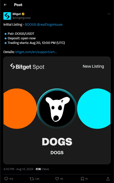DOGS Airdrop Listing: OKX & Bitget, Start Spot Trading on 20 August! 4 crypto news