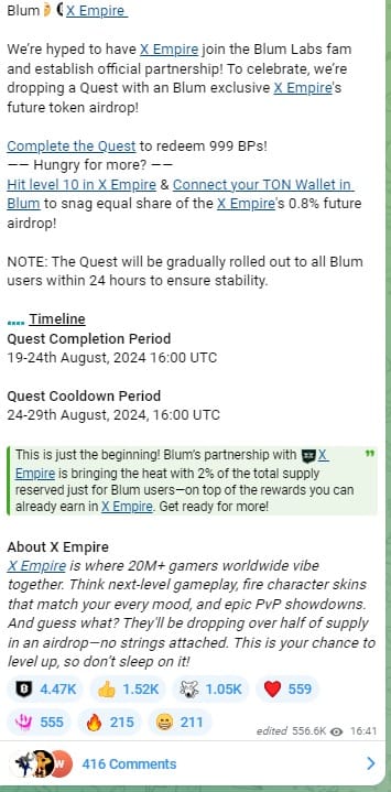 Blum Airdrop: Get X Empires 0.8% Future Airdrop in Blum Tasks 2 crypto news
