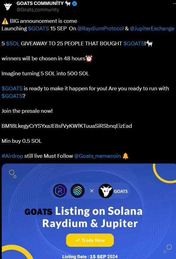 GOATS Airdrop Listing Date