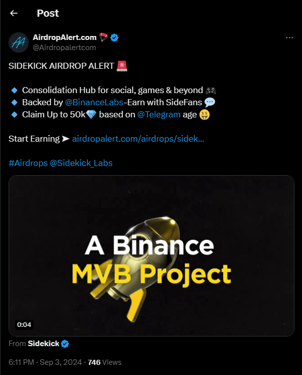 Sidekick Airdrop Diamonds, Grab This Binance MVB Project Token Before 30th September 2 crypto news