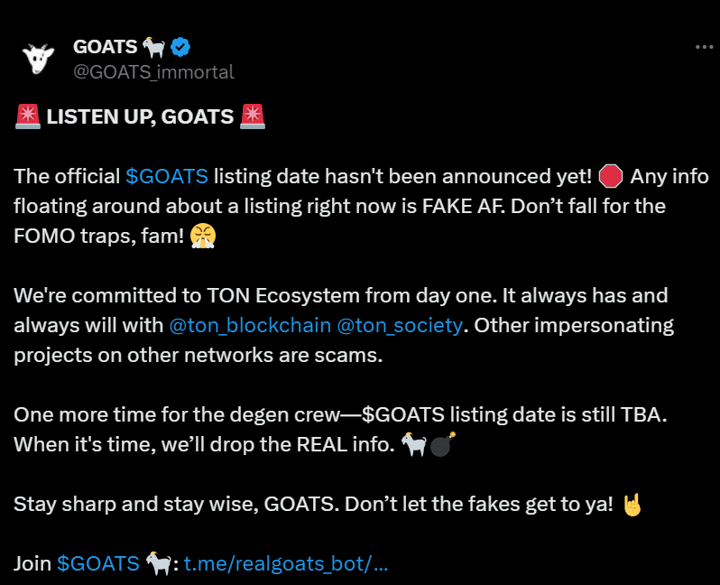 GOATS Listing Update: Will the Official Listing Be on TON? 2 crypto news