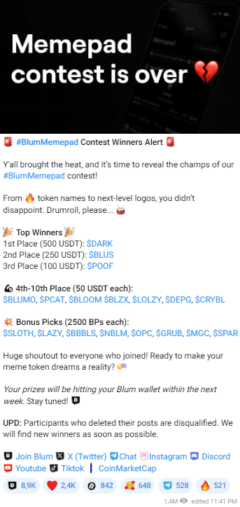 Blum Airdrop Listing Update: Memepad Contest Winners & Joins The Open League 2 crypto news