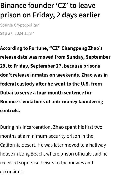 CZ Binance Release: Changpeng Zhao Could Be Freed Today, Not September 29 2 crypto news