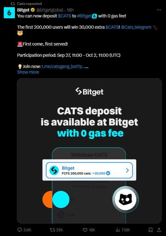 Bitget Exchange Partners with Cats: Zero Gas Fee Airdrop and Launchpool 3 crypto news