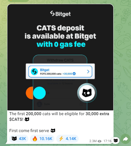 Bitget Exchange Partners with Cats: Zero Gas Fee Airdrop and Launchpool 4 crypto news