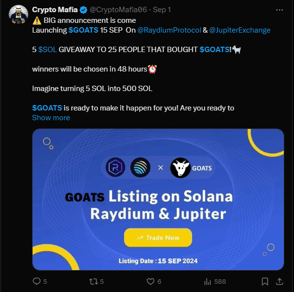 Goats Airdrop Listing Date Confirmed: Claim Your Free $GOATS Before September 15th 2 crypto news