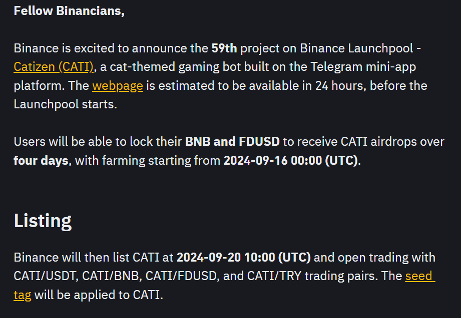 CATI Binance Launchpool 59th Binance launchpool Project. Farm CATI by Locking BNB and FDUSD! 3 crypto news
