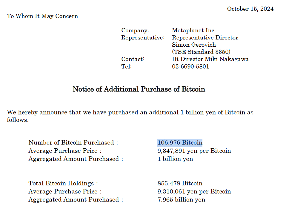 Metaplanet Bitcoin Investment Strategy: Holding Over 855 BTC with a 15.7% Stock Boost 2 crypto news