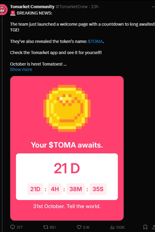 TOMATO Coin Price Prediction: Tomarket Listing Officialy Confirmed on 31st Oct 3 crypto news