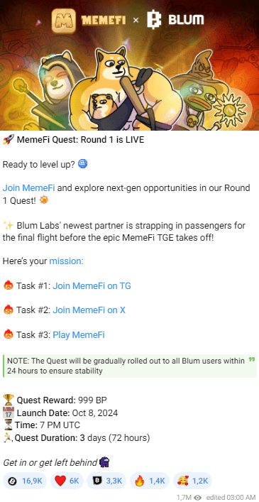 Join Blum MemeFi Quest Round 1: Unlock Your Free 999 $BLUM Now! 3 crypto news