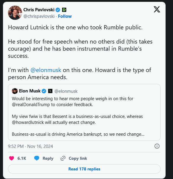 Elon Musk Backs Howard Lutnick for U.S. Treasury Secretary: "We Need Change" 3 crypto news