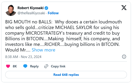 Kiyosaki Follows Saylor’s Tactical Bitcoin Strategy as BTC Nears $100K 3 crypto news