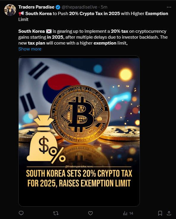 South Korea Plans 20% Crypto Tax in 2025, Raises Exemption Threshold 2 crypto news