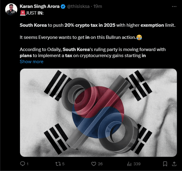 South Korea Plans 20% Crypto Tax in 2025, Raises Exemption Threshold 3 crypto news