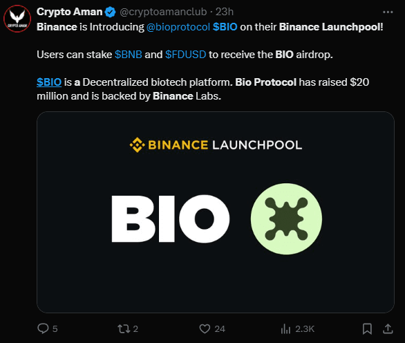 Bio Protocol’s Crypto $BIO Token Hits Binance Launchpool As Project 63 – A New Opportunity! 2 crypto news