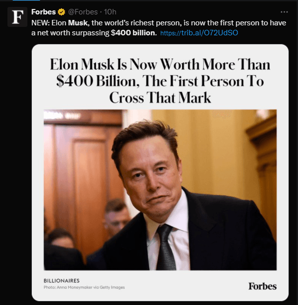 Elon Musk’s Net Worth Skyrockets to $400 Billion: Tesla, SpaceX, and xAI Lead the Charge 2 crypto news