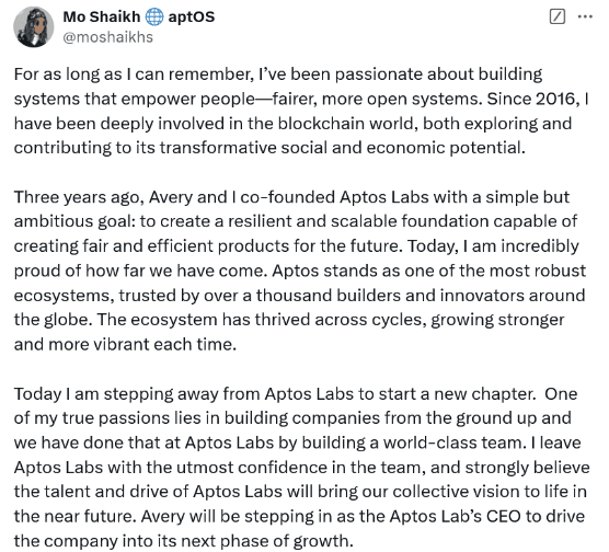 Aptos Co-Founder Mo Shaikh Resigns as CEO to Pursue New Ventures 2 Aptos