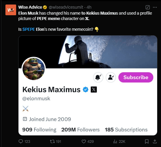 Elon Musk Renames X Account to 'Kekius Maximus', Adopts 'Pepe the Frog' Meme 2 Elon Musk