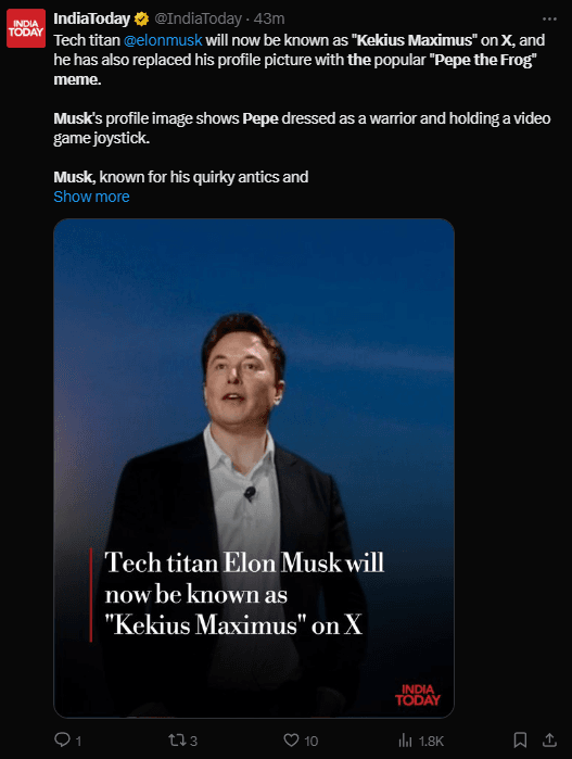 Elon Musk Renames X Account to 'Kekius Maximus', Adopts 'Pepe the Frog' Meme 3 Elon Musk