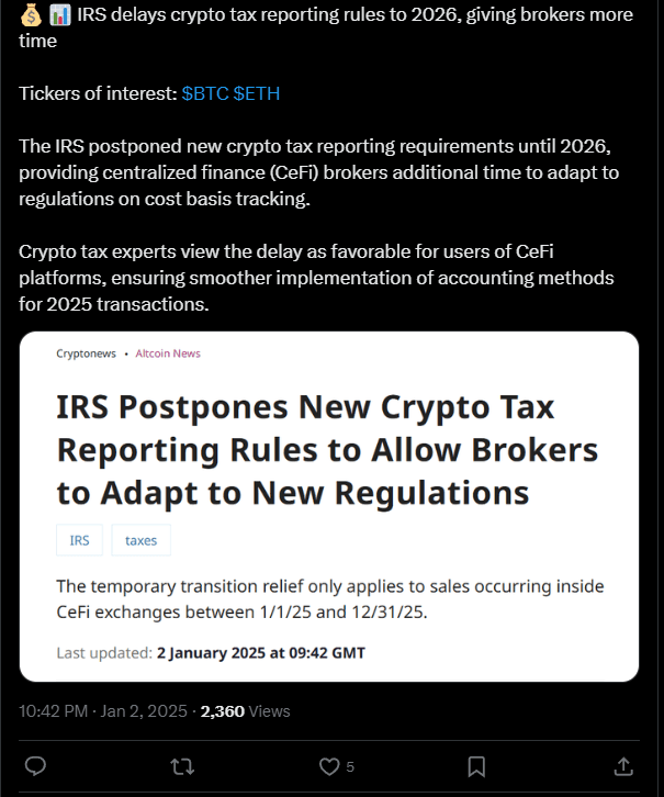 IRS Delays Crypto Tax Reporting to 2026: Key Updates for CeFi Investors 2 crypto news